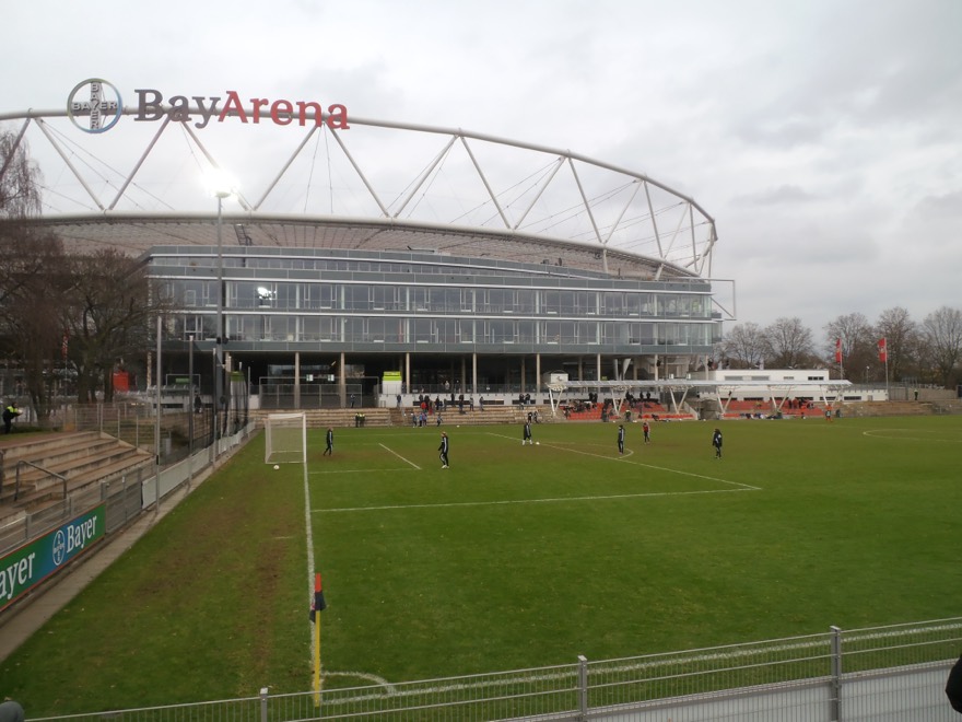main stand of Ulrich-Haberland-Stadion and BayArena in background in half time of Frauen-Bundesliga match Bayer 04 Leverkusen against VfL Sindelfingen.