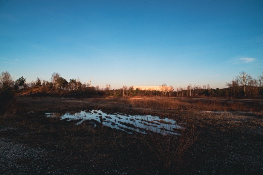 Sonnenuntergang über der Südlichen Fröttmaninger Heide. Im Hintergrund sieht man die Allianz Arena