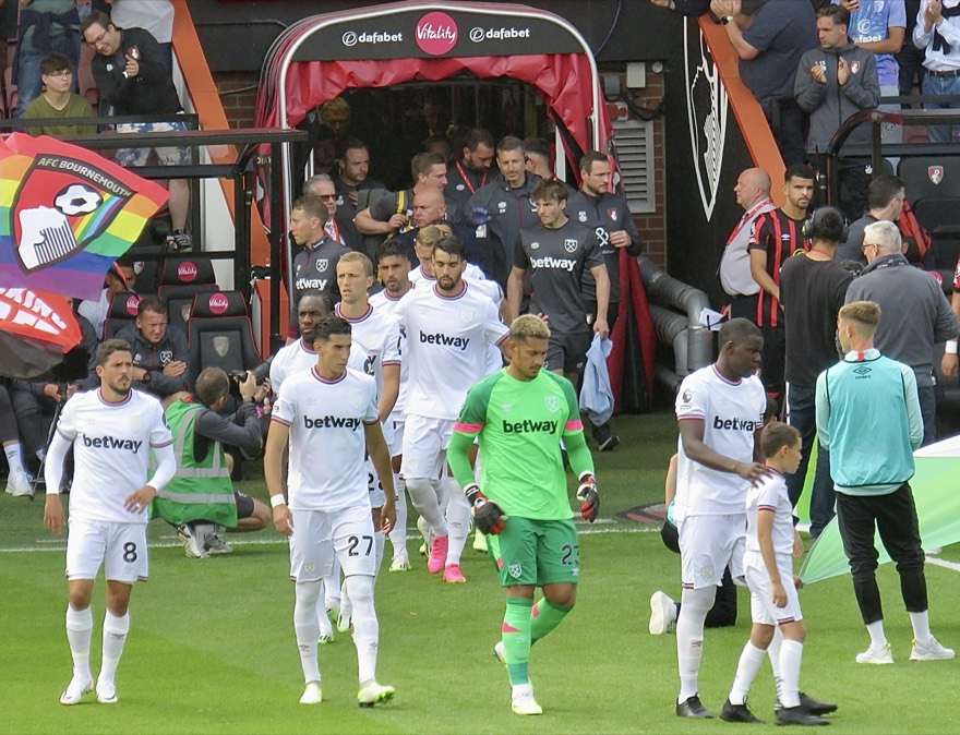 The players of West Ham United enter the pitch at the Vitality Stadium for their Premier League game against AFC Bournemouth.