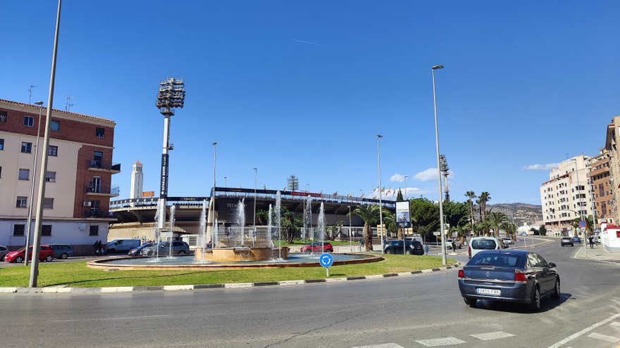 View of Teodoro Izquierdo Square with the Castalia stadium in the background and the fountain in which the fans celebrate the victories of the football team in 