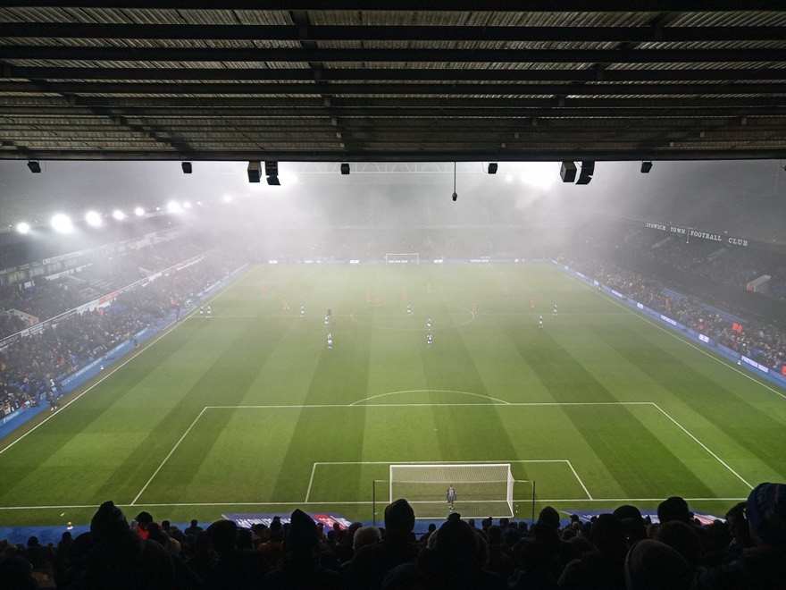 A foggy night under the lights at Portman Road