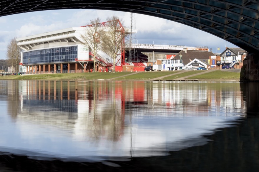 The City Ground - home of Nottingham Forest Football Club - from underneath Trent Bridge in Nottingham.