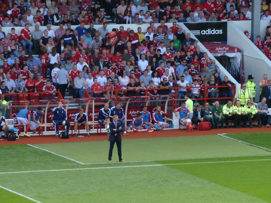Stuart Pearce in the technical area at the City Ground, Nottingham, at the start of his first game back as Nottingham Forest Manager, vs Blackpool, 9 August 201