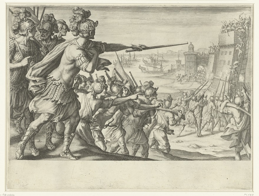 The Commander of the troops of Ferdinando I de ' Medici, left, in the foreground, points with his captains to staff a city wall, which stormed by his men. Under