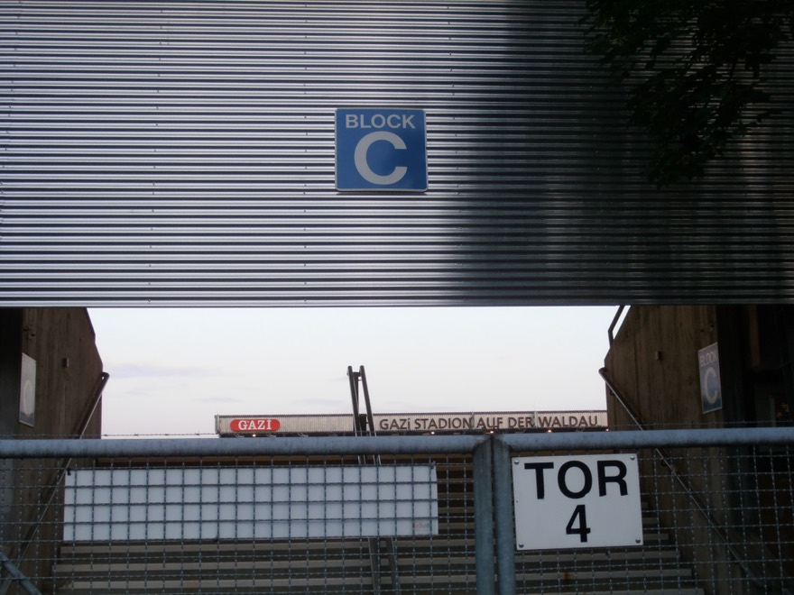 lettering of Gazi Stadion auf der Waldau from outside with view into the stadium