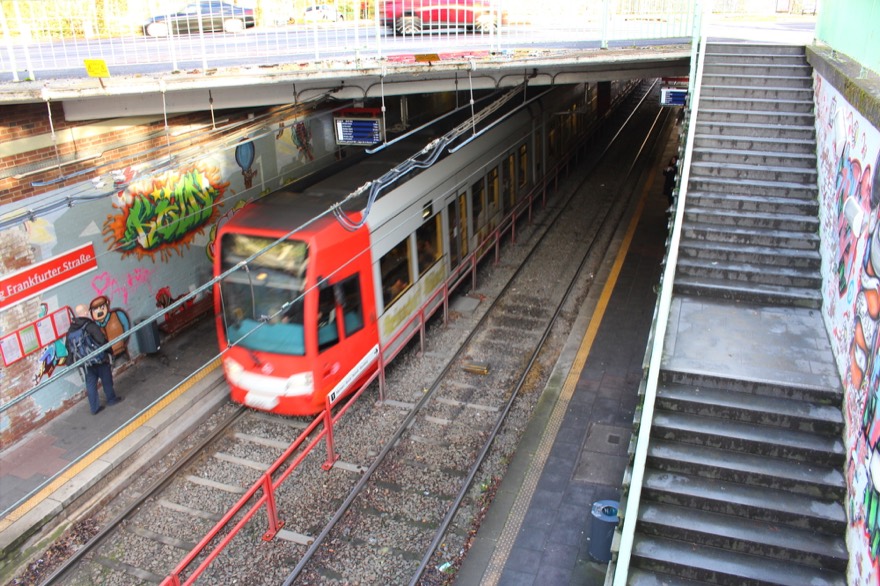 Light rail Station "Höhenberg Frankfurter Straße" in Höhenberg, Cologne, Train operated by Kölner Verkehrsbetriebe