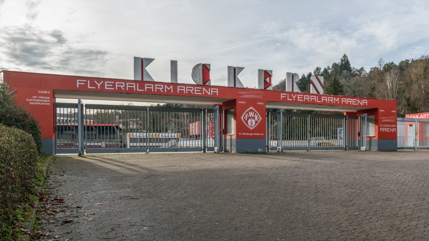 The entrance to the Flyeralarm Arena in Würzburg