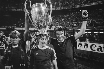 Aston Villa players celebrate after beating Bayern Munich in the 1982 European Cup final. L–R: Gary Shaw, Tony Morley and Peter Withe