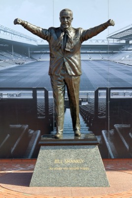 Statue of Bill Shankly at the front of Anfield stadium.